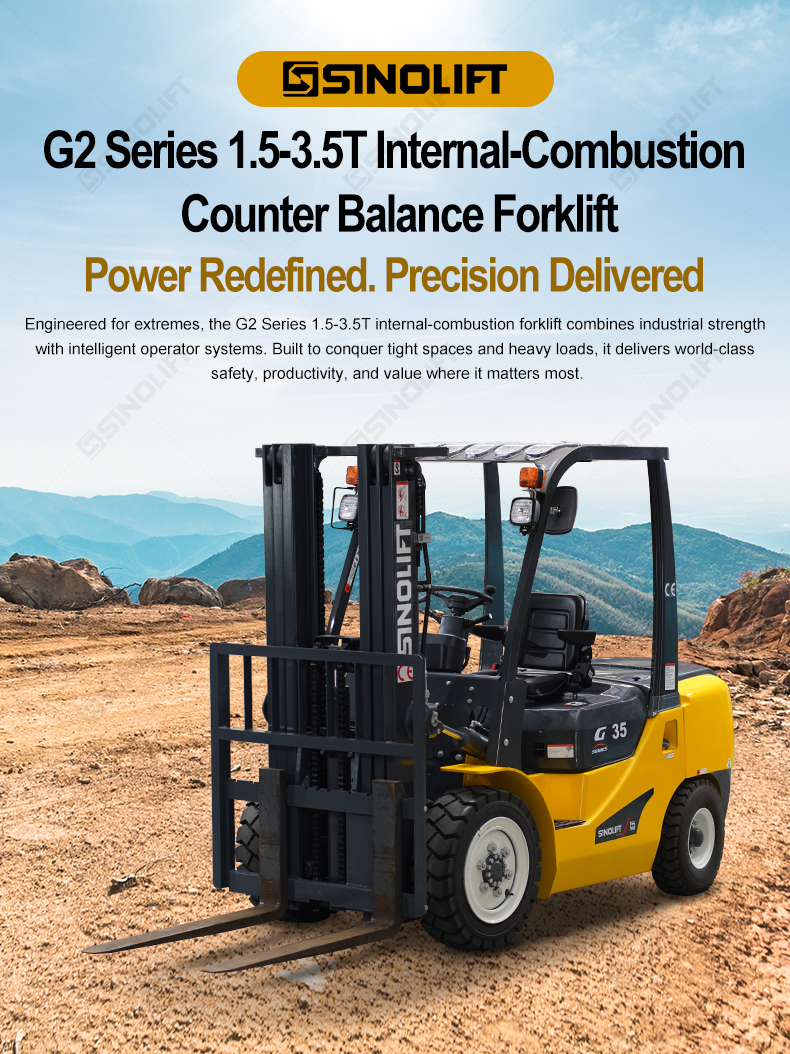 4-wheel internal combustion forklift moving containers in storage yard