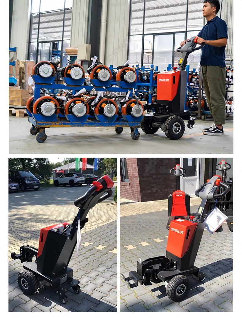 QDD10 walk-behind electric tractor moving cargo on dock or loading bay.