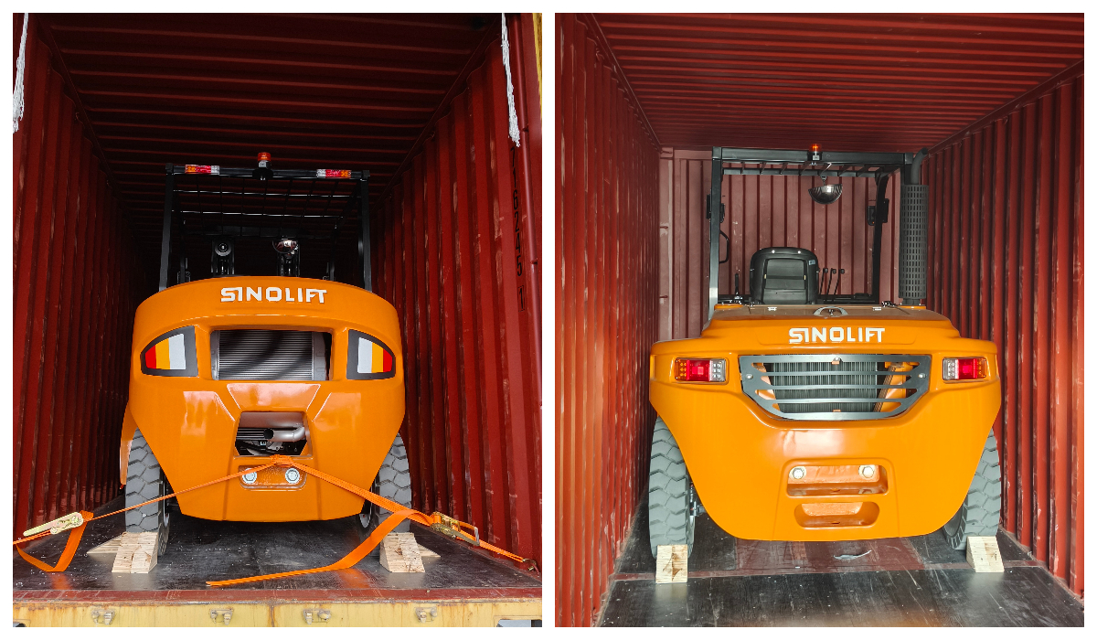 Side-by-side comparison of Sinolift CPCD80 8-ton forklift and CPCD50 5-ton forklift, showcasing heavy-duty design and high-lift capability (5m max height).