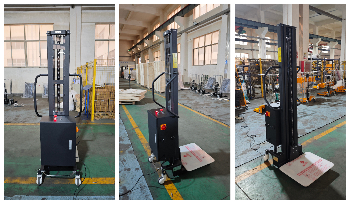 Operator using a narrow-aisle E200T two-post lifting table for high-level picking. This 605mm wide, 220V plug-in model ensures continuous duty cycle for efficient order fulfillment in high-density storage and electronics distribution centers.