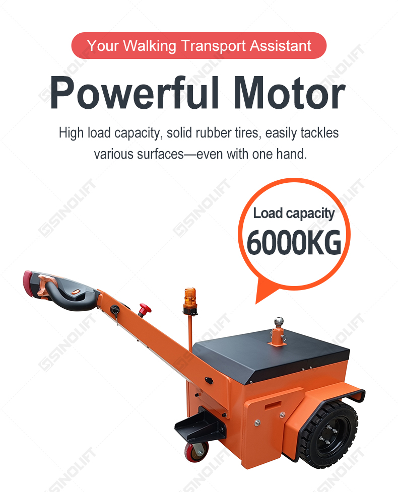 Remote-controlled Sinolift electric tow tractor moving airport luggage carts
