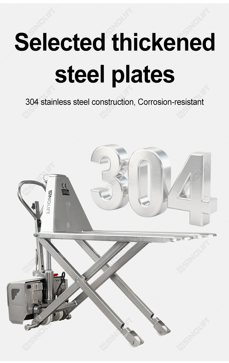 Stainless steel high lift pallet truck for ports, workshops, and chemical plants