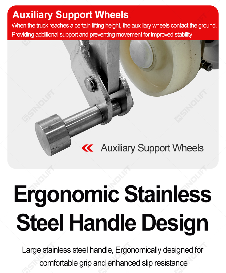 Ergonomic High Lift Pallet Truck in Stainless Steel – Reduces operator strain with one-handed lifting and adjustable height.