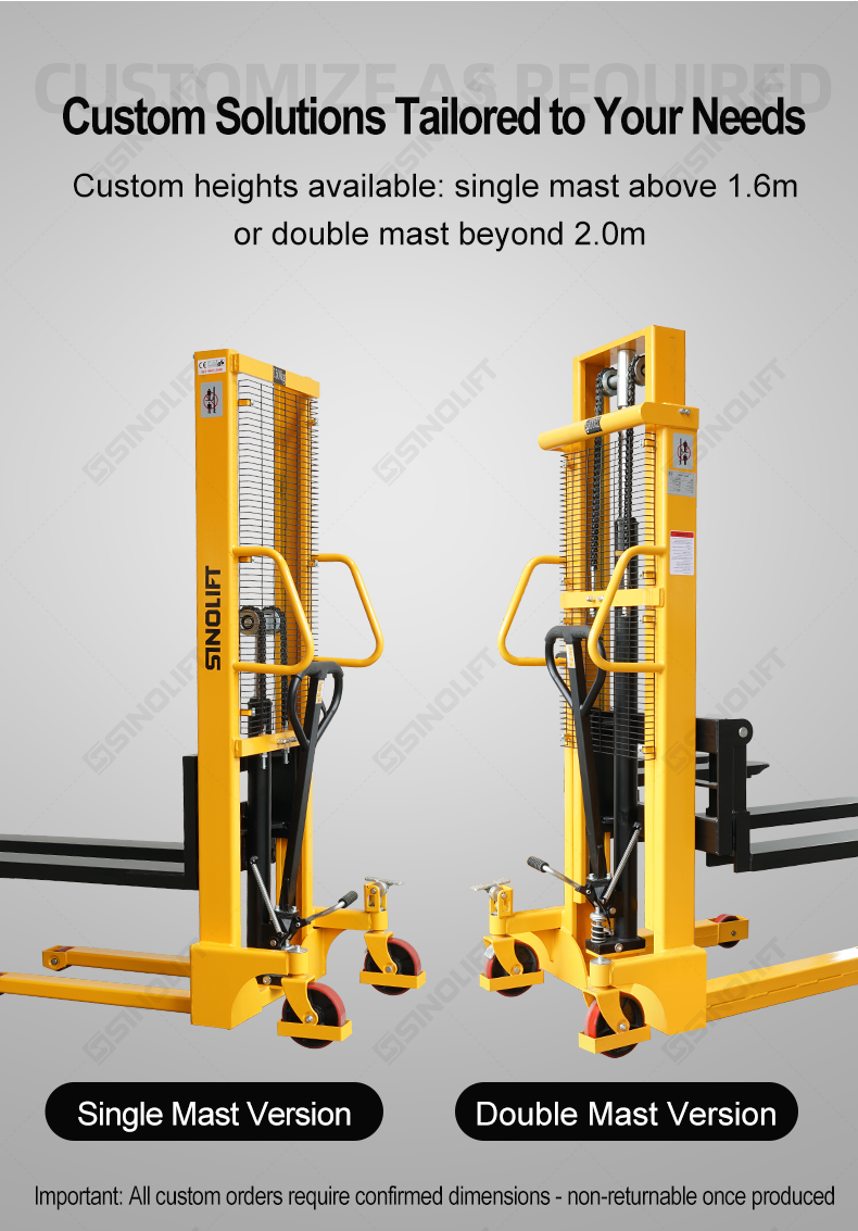 Space-saving manual stacker truck with narrow wheelbase