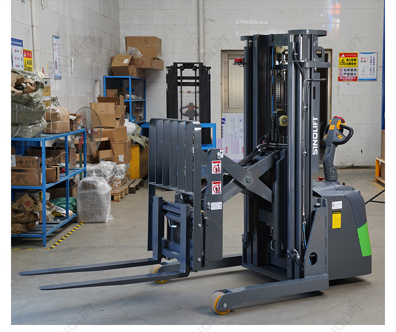 No-license-required pedestrian reach stacker operating in a cold storage facility.