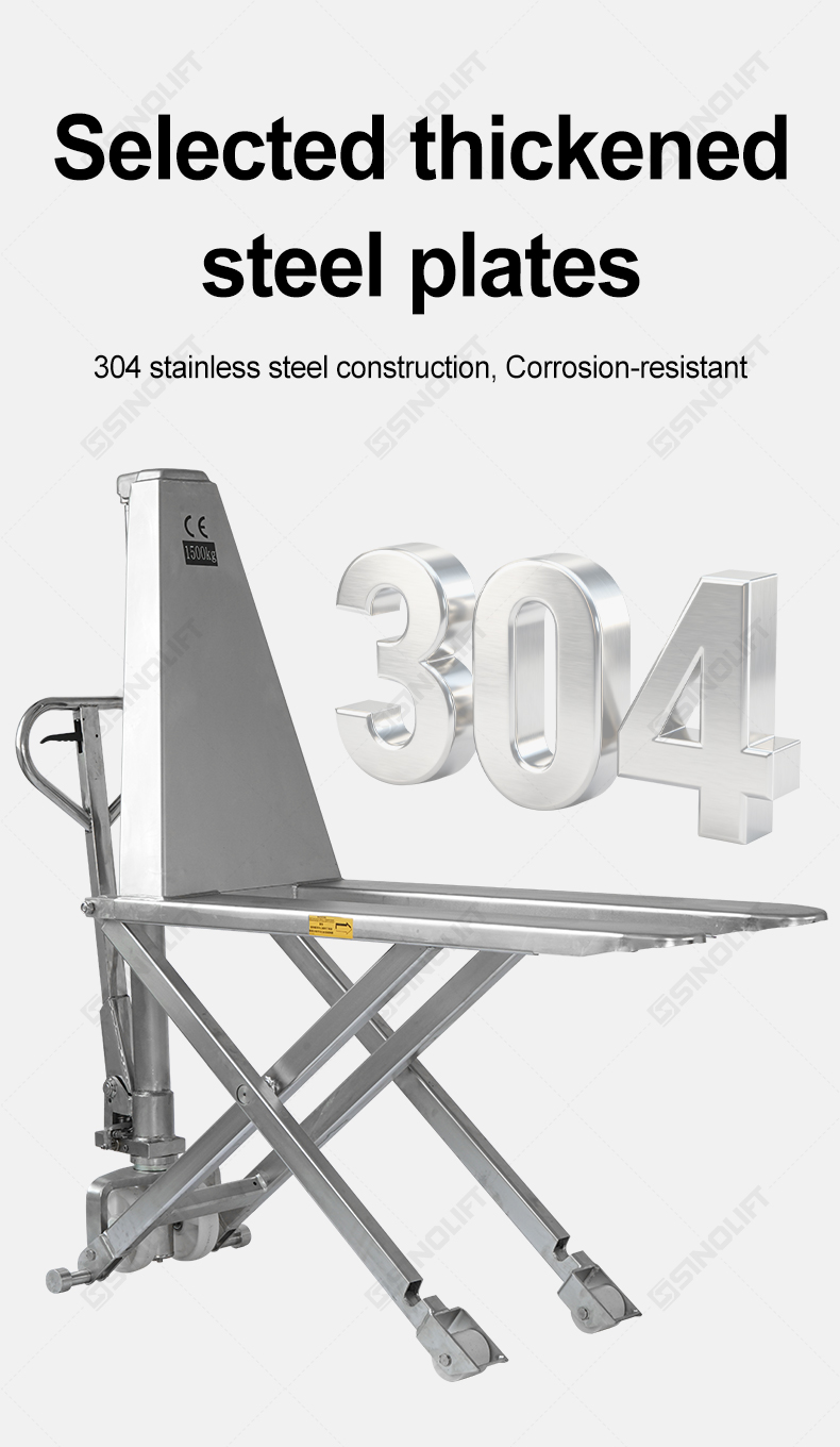 304 stainless steel high lift pallet truck in a warehouse environment, lifting heavy loads with ergonomic handle.