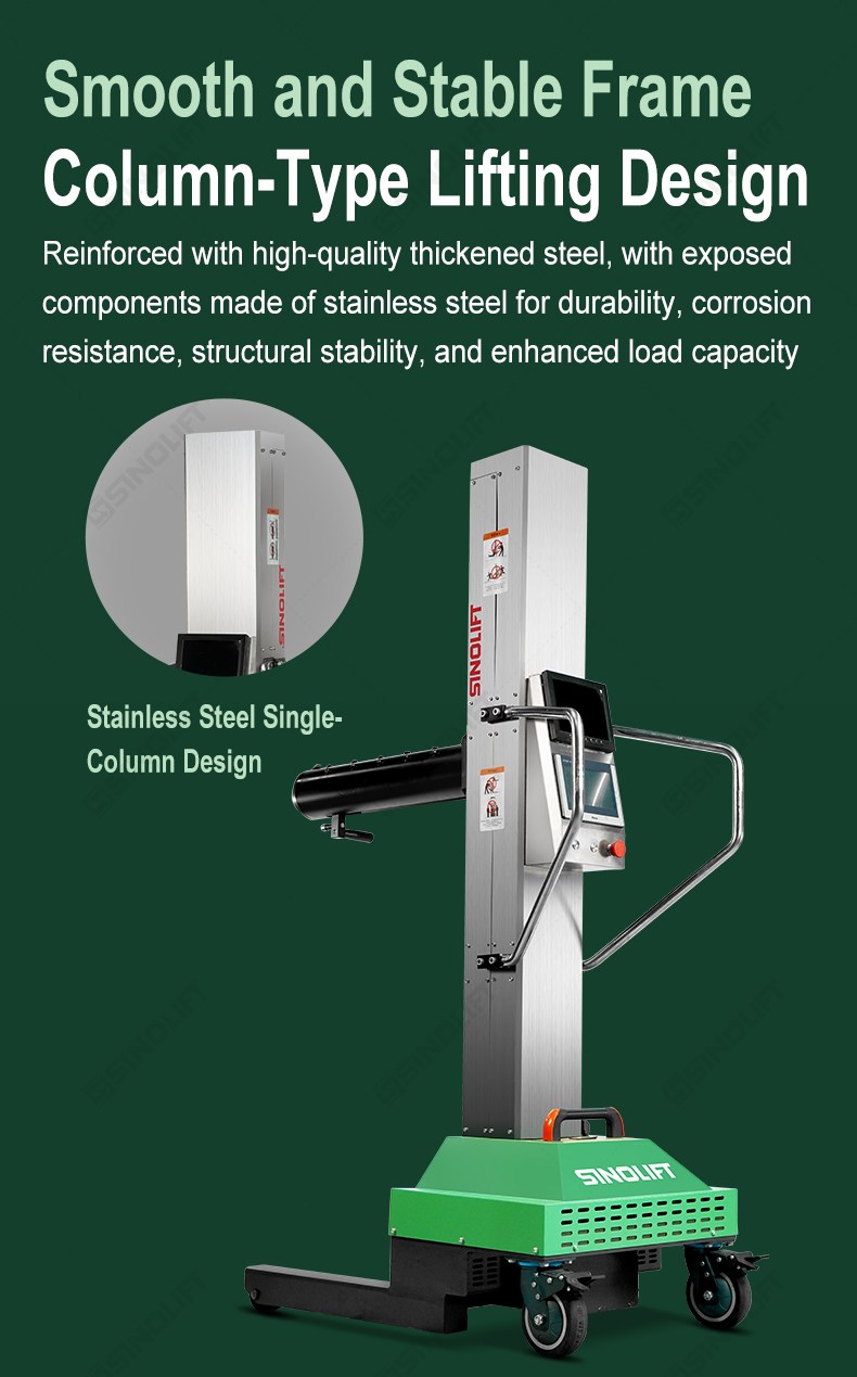 Robust 304 stainless steel construction and single-column design of the electric cantilever loader.