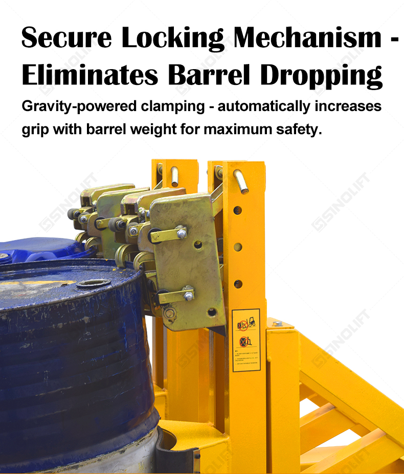 Double-hook drum clamp securely lifting industrial containers