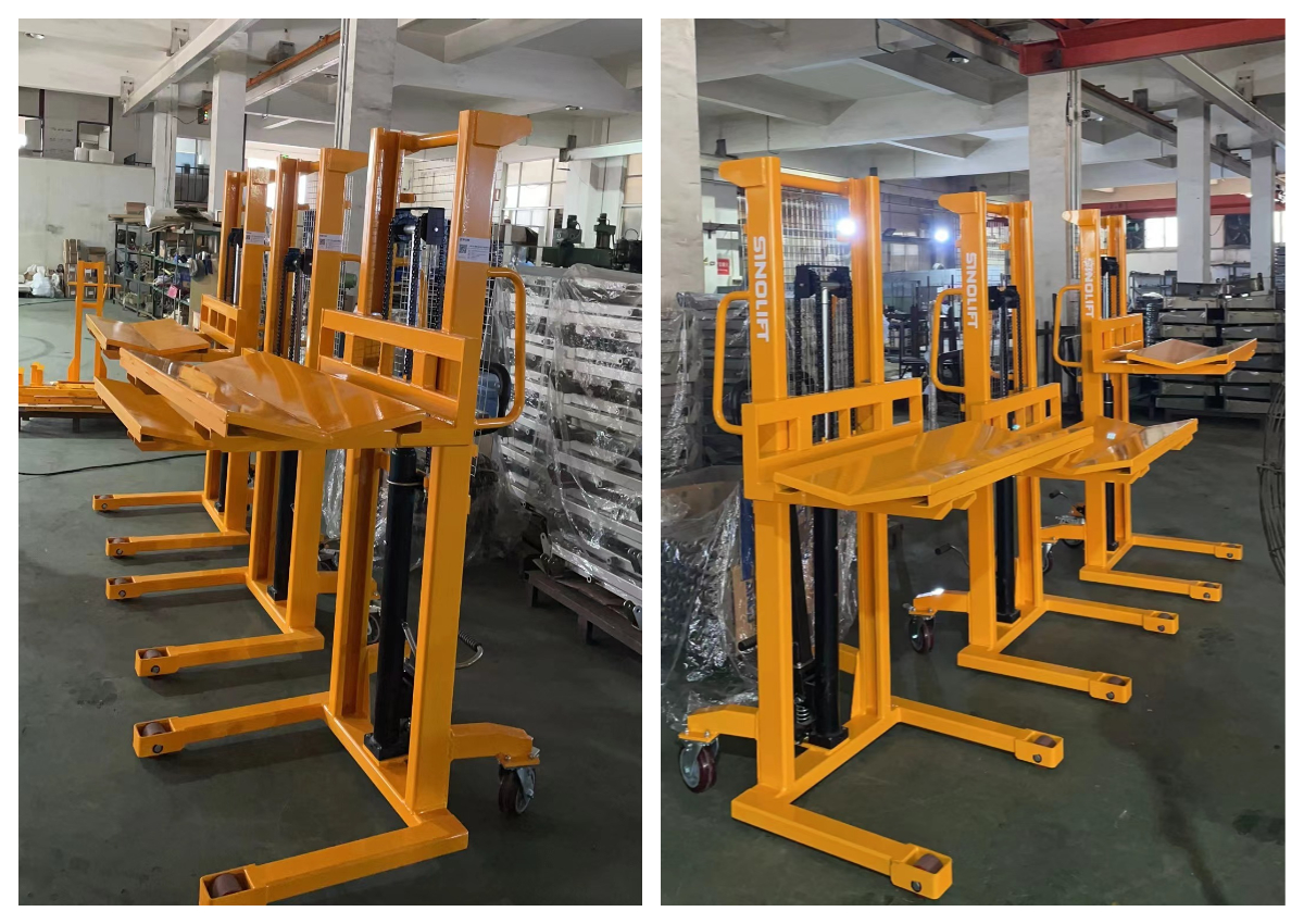 Specialized V-plate hydraulic stacker for film and foil reels, showcasing no-mark polyurethane wheels protecting epoxy floors in a packaging facility.