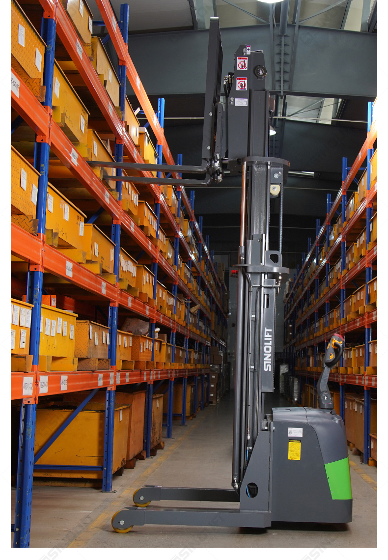 Electric walkie reach stacker maneuvering in a tight warehouse aisle with 2625mm clearance.