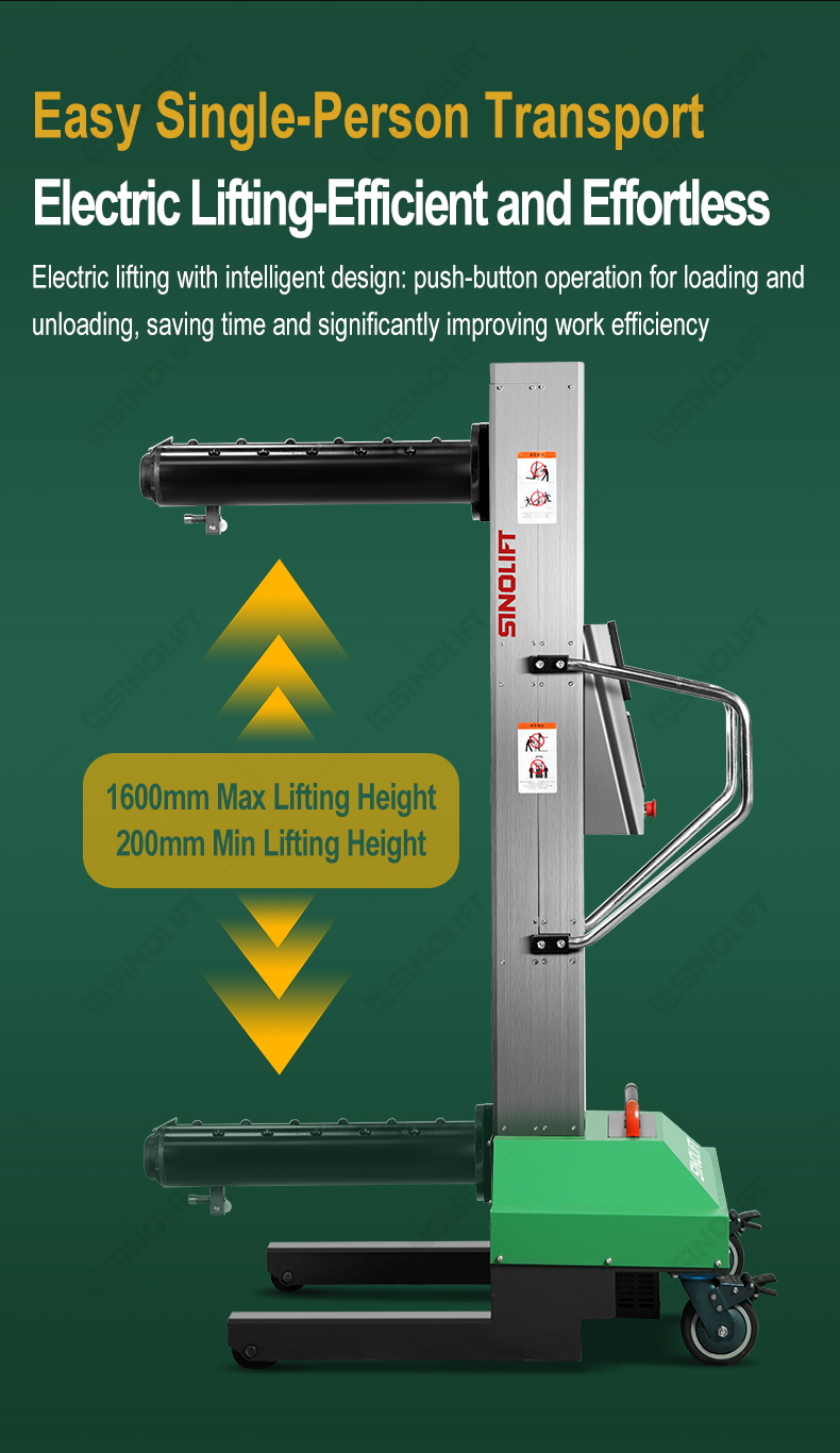Nylon safety lanyard and anti-fall system on a single-column lift loader.