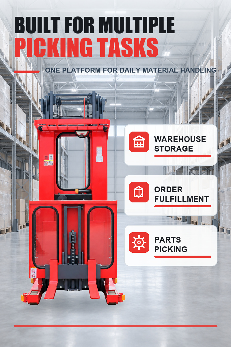 Electric order picker mast options for different warehouse rack heights
