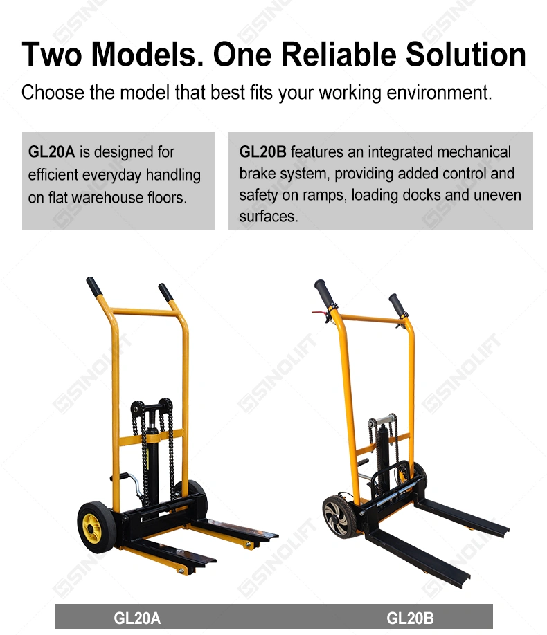 SINOLIFT GL20 Series Portable Manual Stacker – 200kg Capacity with Foldable Forks (GL20A/GL20B)