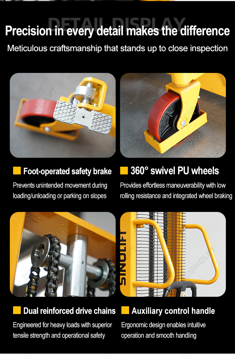 Manual pallet truck with wide legs for stability in dock loading