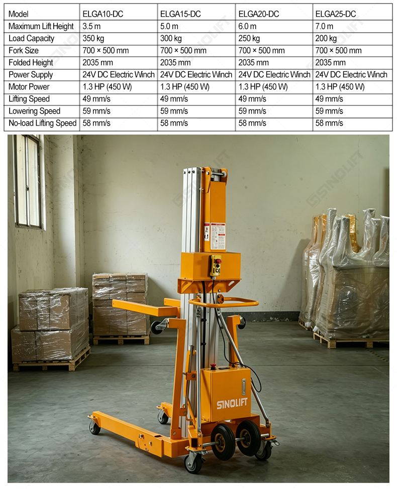 SINOLIFT ELGA-DC Semi-Electric Aluminum Material Lift for HVAC & Construction