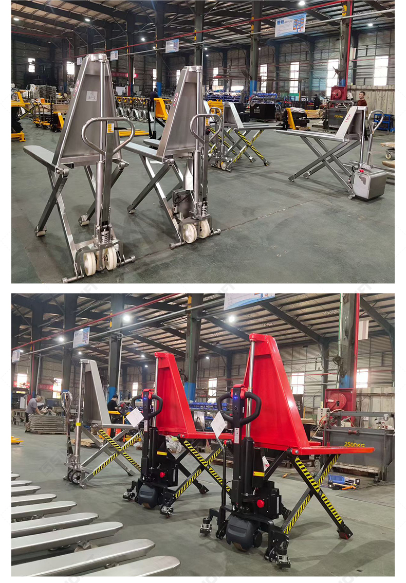 Multi-purpose stainless steel hydraulic pallet stacker for workshop and medical facility applications.
