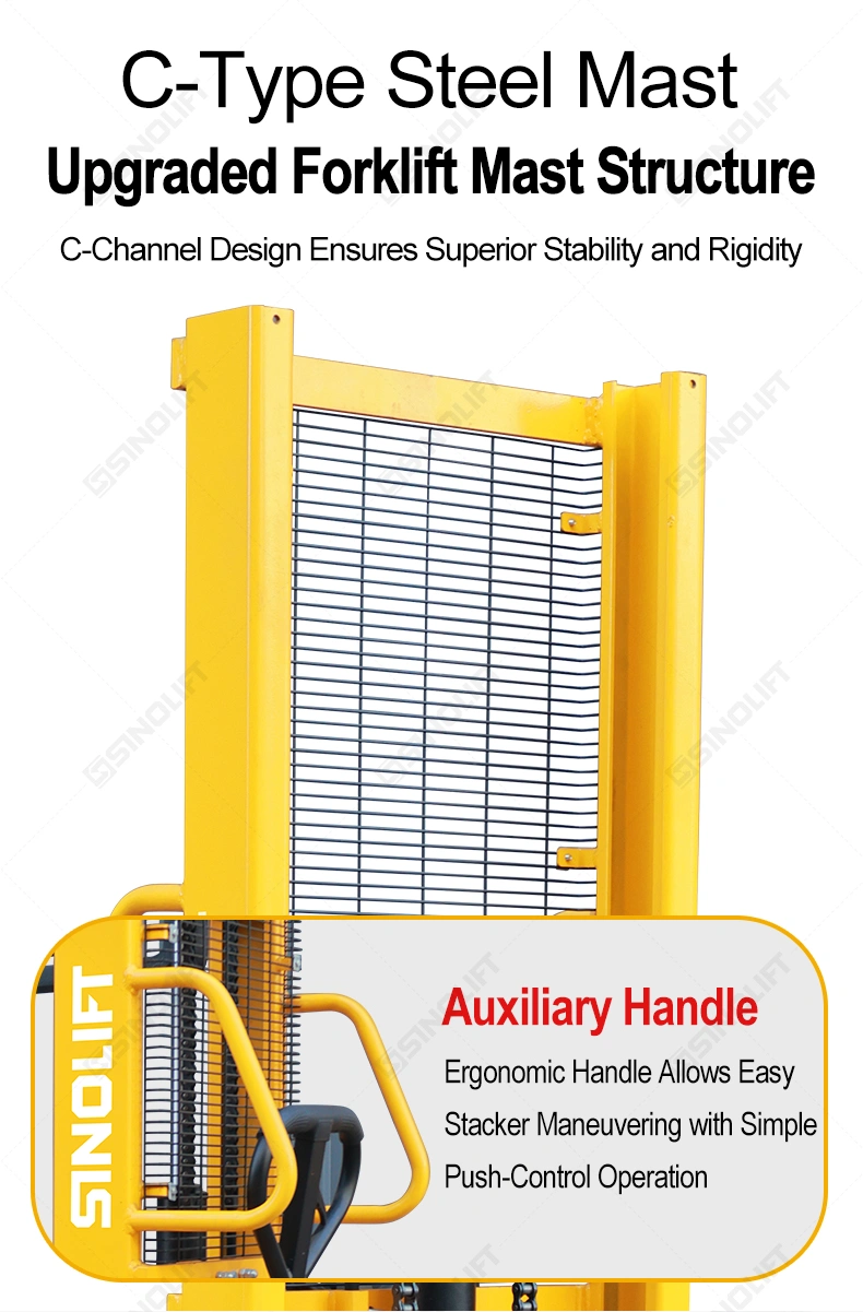 SFH22AG adjustable leg stacker maneuvering in tight warehouse space with pallet