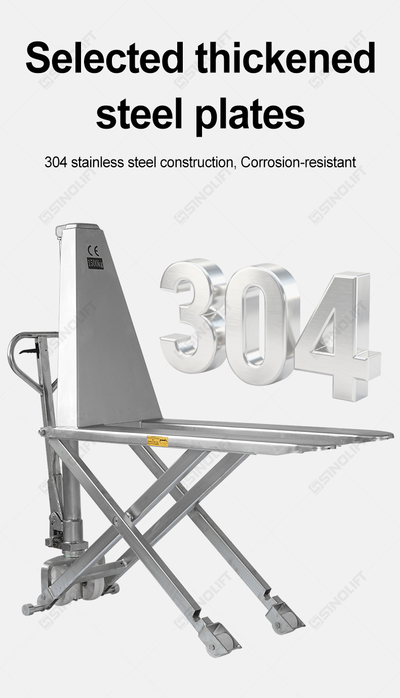 Sanitary High Lift Pallet Truck – Built for cleanrooms, labs, and food processing plants with easy-clean stainless steel.