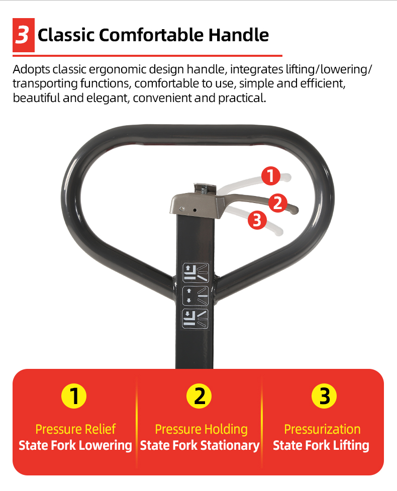 Sturdy pallet jack for roll and reel transport – triangular steel plate support ensures stability on uneven surfaces.