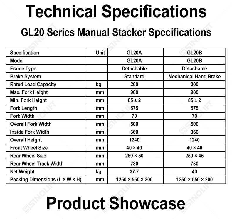 SINOLIFT GL20 Series Portable Manual Stacker – 200kg Capacity with Foldable Forks (GL20A/GL20B)