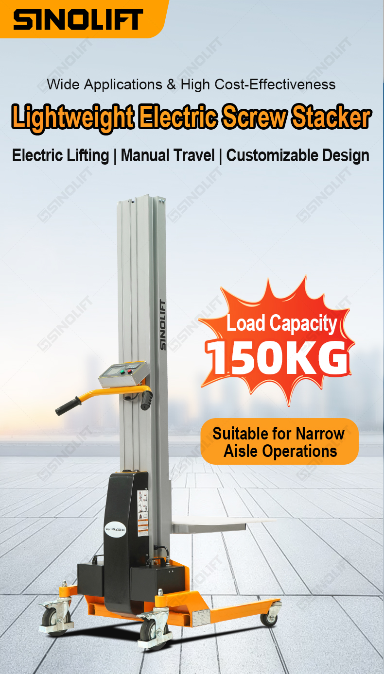 Versatile stacker supporting various attachments like fork arms and V-type plates.