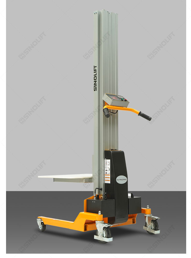 Compact electric screw stacker for narrow aisle material handling in warehouses and cleanrooms.