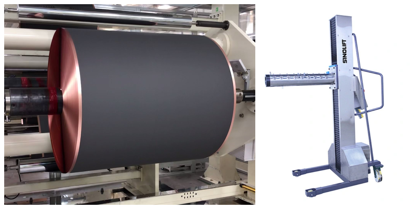 Electric reel lifter operator handling printing paper roll in factory workplace for safe material handling