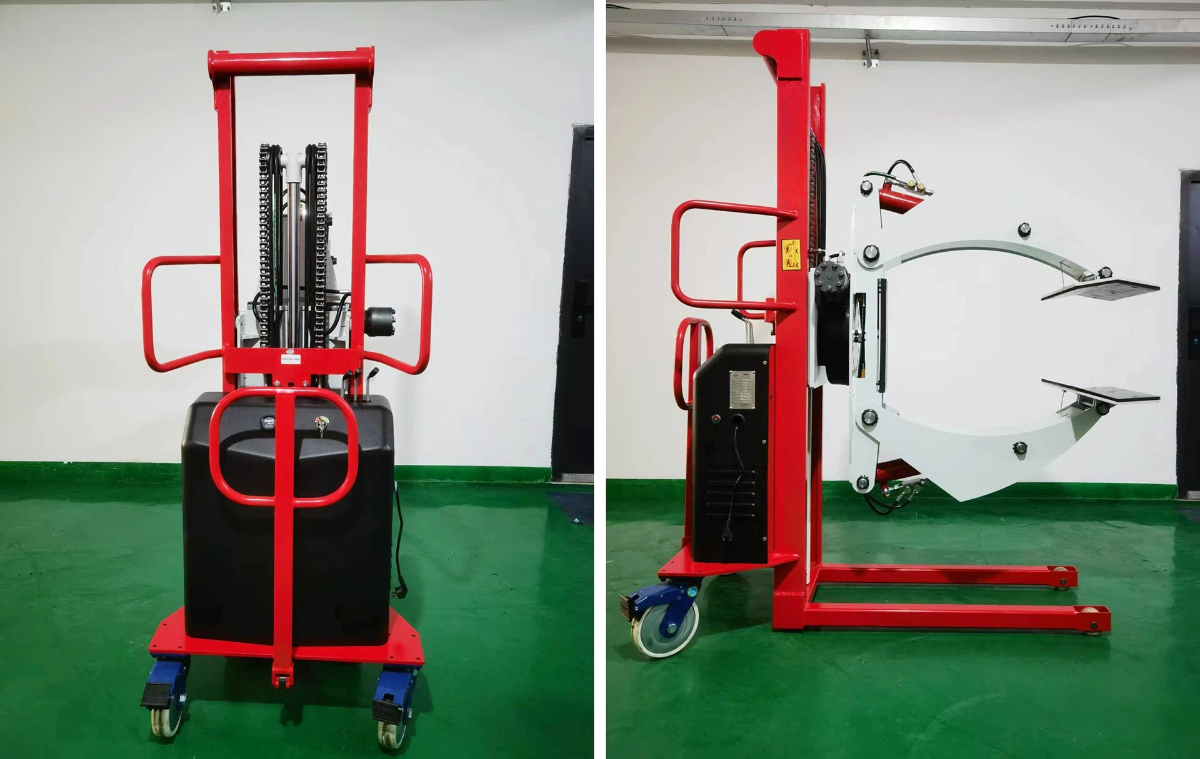 Classic black and red semi-electric roll clamp lifter by SINOLIFT, showing its ergonomic control handle and rear wheel brake for safe operation.