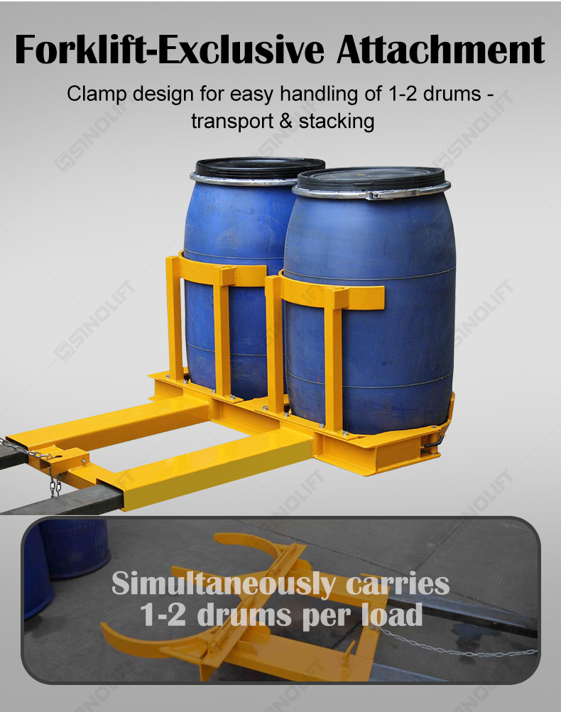 Forklift-mounted double drum clamp for ports and chemical plants