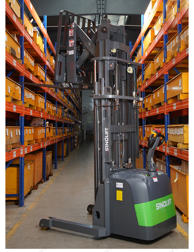 No-license-required pedestrian reach stacker operating in a cold storage facility.