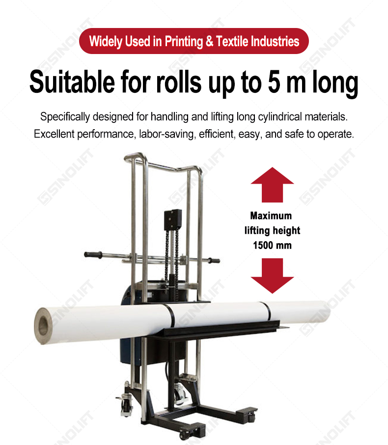 Operator using an EFM electric roll lifter to safely transport a heavy fabric roll in textile manufacturing, featuring intuitive controls and robust lifting capacity.