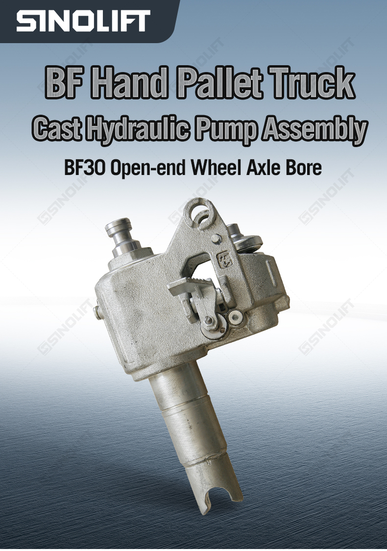 Heavy-duty BF hand pallet truck hydraulic pump with open-end wheel axle bore for easy maintenance