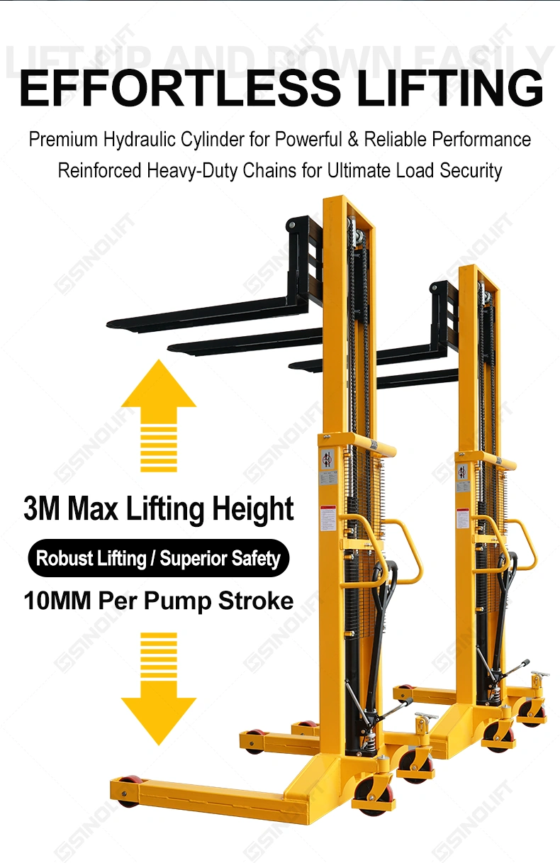 Wide-base hydraulic hand pallet stacker lifting up to 3 meters