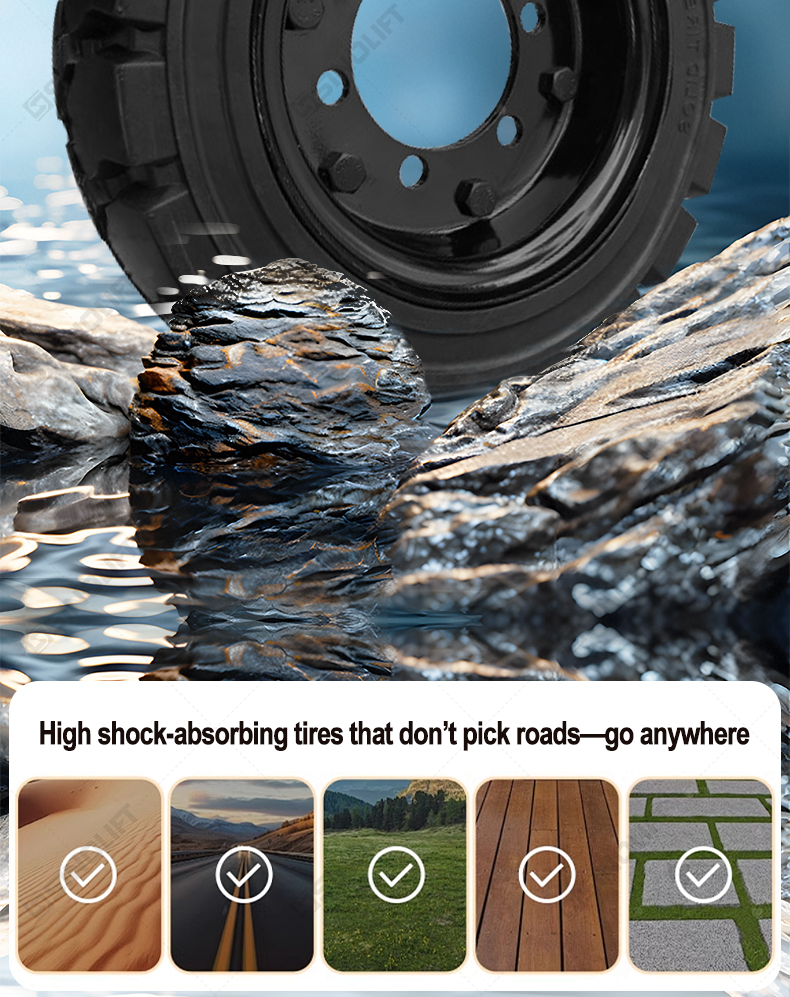 Professional-grade solid tire for pallet trucks operating on rough surfaces
