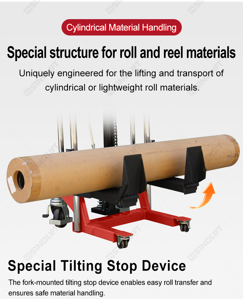 Electric-powered roll lifter with PU wheels maneuvering a large film roll in packaging industry, designed for confined spaces and minimal physical strain.