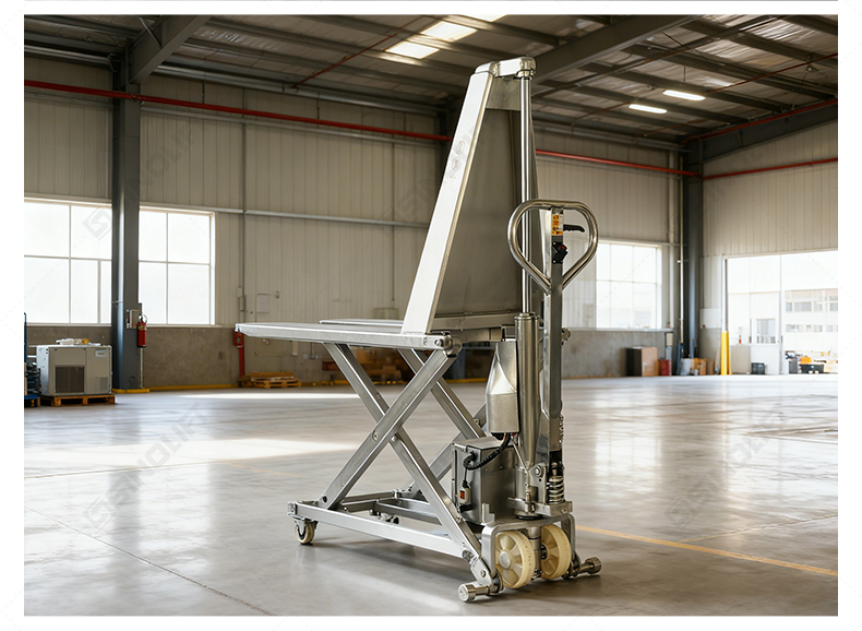 Corrosion-proof stainless steel pallet truck with long service life, designed for food processing, cold storage, and chemical plants.