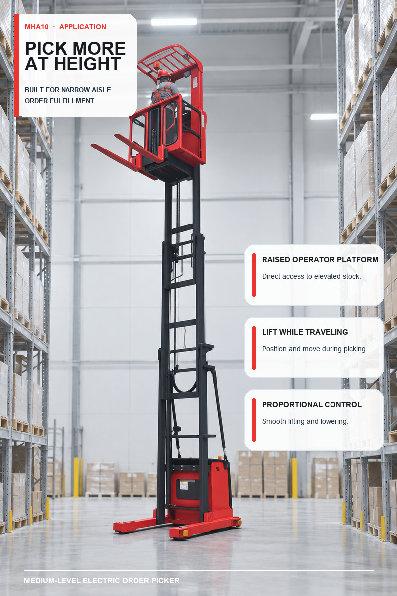 Medium-level electric order picker with 6 meter lift height and 7.6 meter picking height