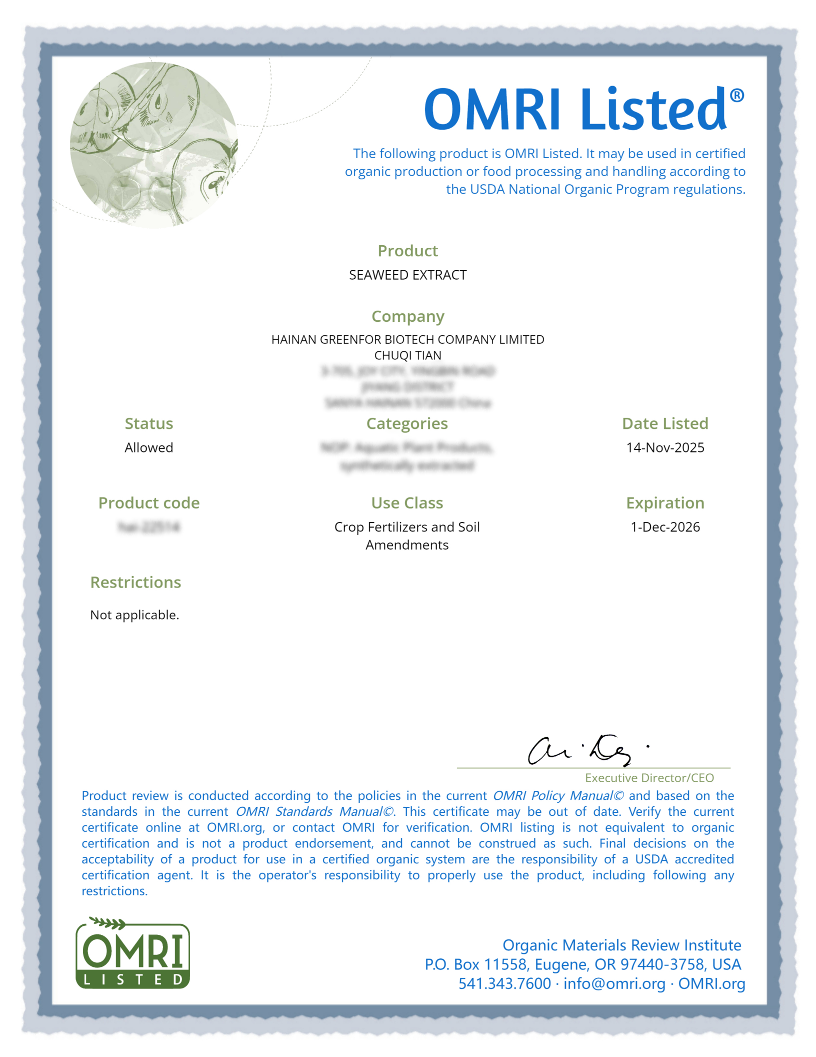 OMRI LISTED Seaweed Extract