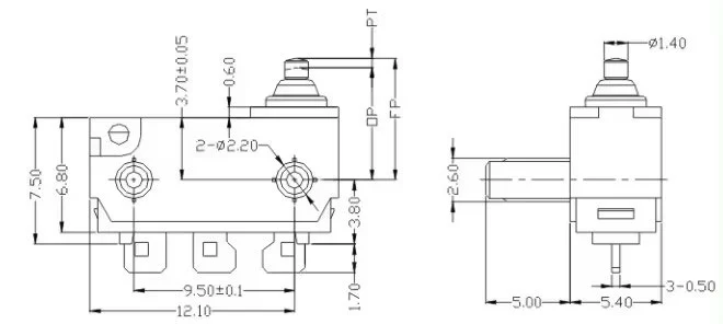 dibujo de microinterruptor subminiatura sellado