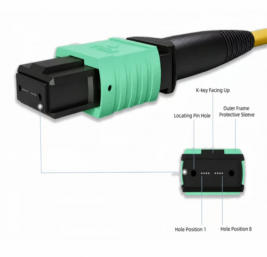 Female MPO connector with guide holes and eight fiber positions on an os2 mpo patch cable