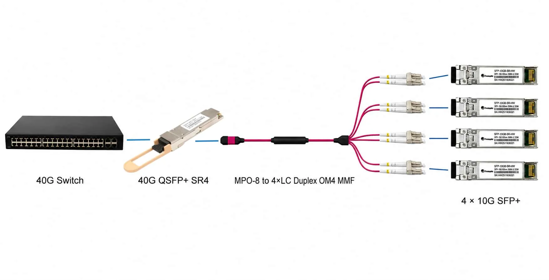 40g qsfp multimode breakout connection from one 40G switch port to four 10G SFP+ links