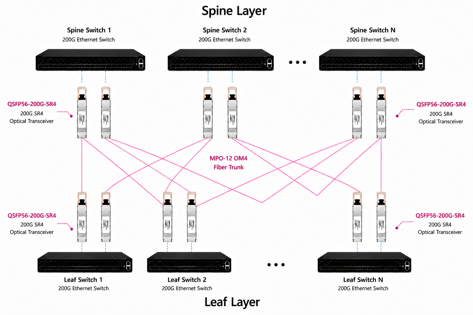 200G QSFP56-SR4 spine leaf network architecture using MPO-12 OM4 fiber trunk