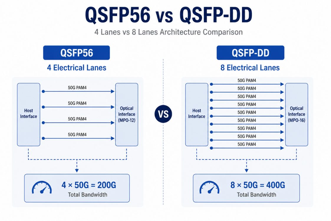 QSFP56 vs QSFP-DD 4 lane and 8 lane architecture comparison