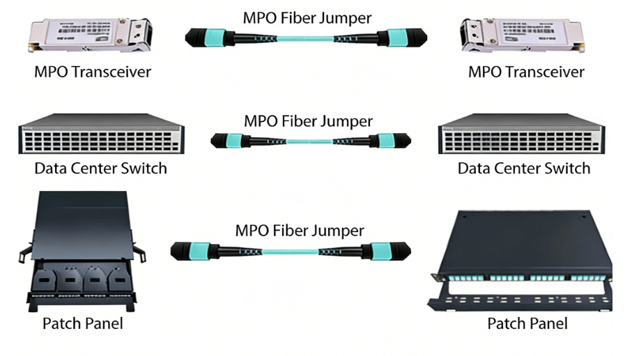 8 fiber mpo cable application diagram showing compatible transceiver and MPO patch panel connections
