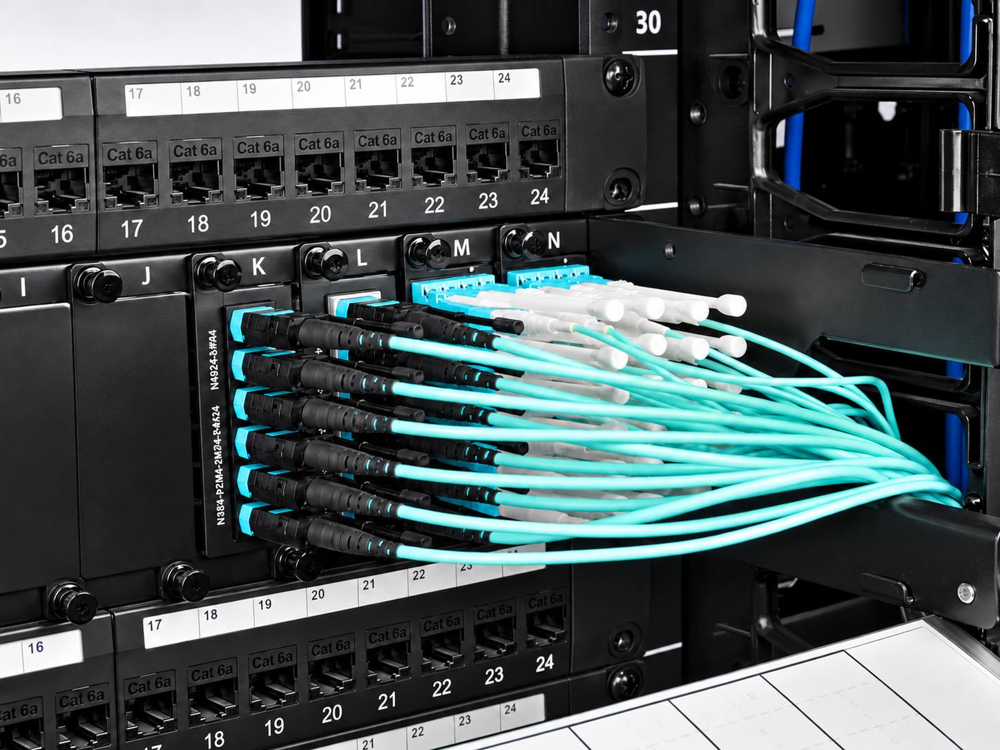 om3 mpo patch cable connections in a high-density data center patch panel