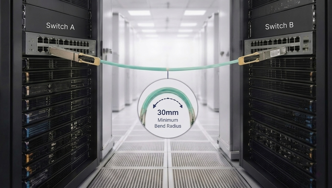 100G QSFP28 AOC cable connecting Ethernet switches in a data center network deployment