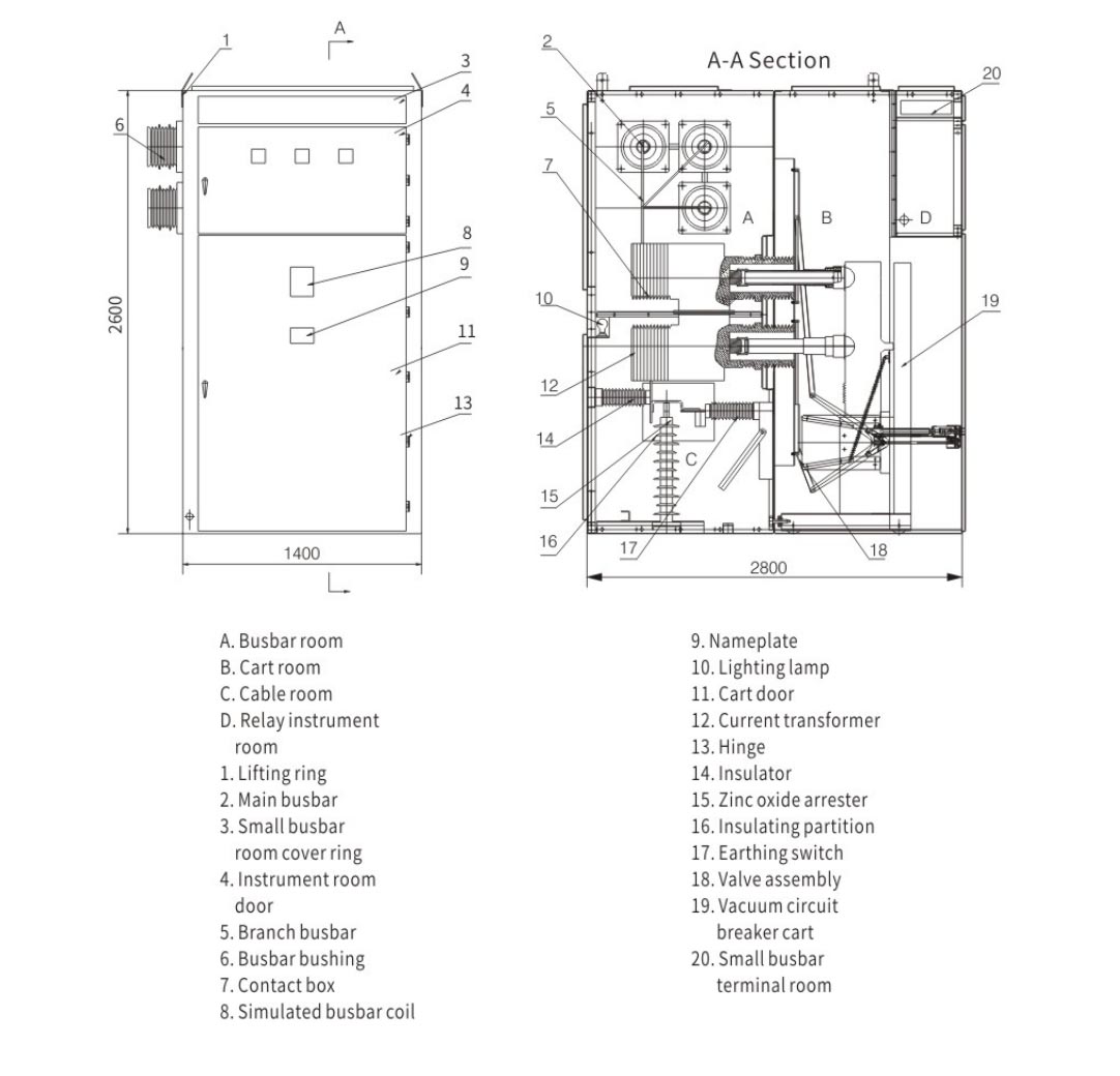KYN61-40.5 armored removable ac metal-enclosed switchgear installation dimensions drawing