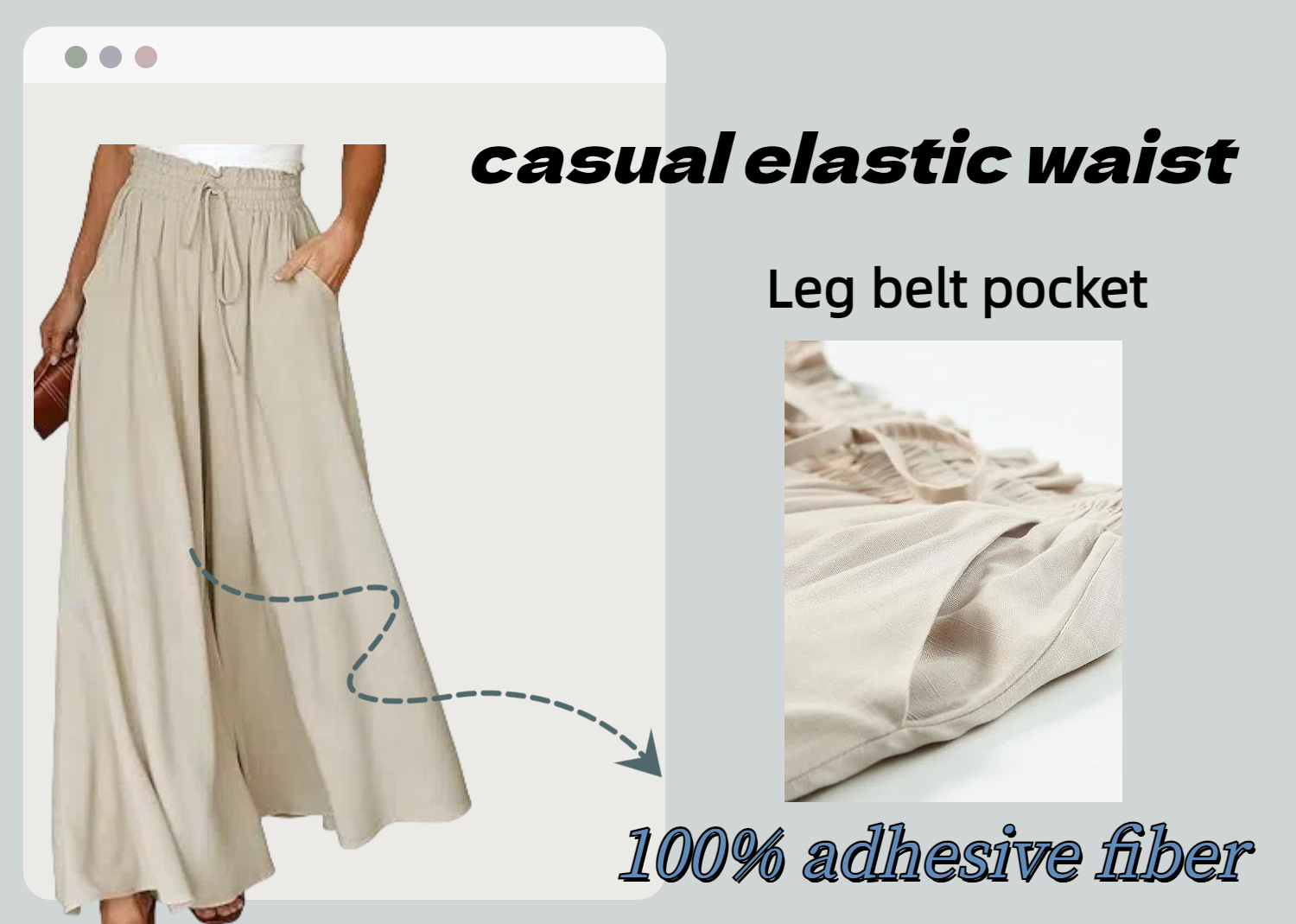 Women's casual pants elastic waist wide leg belt pocket
