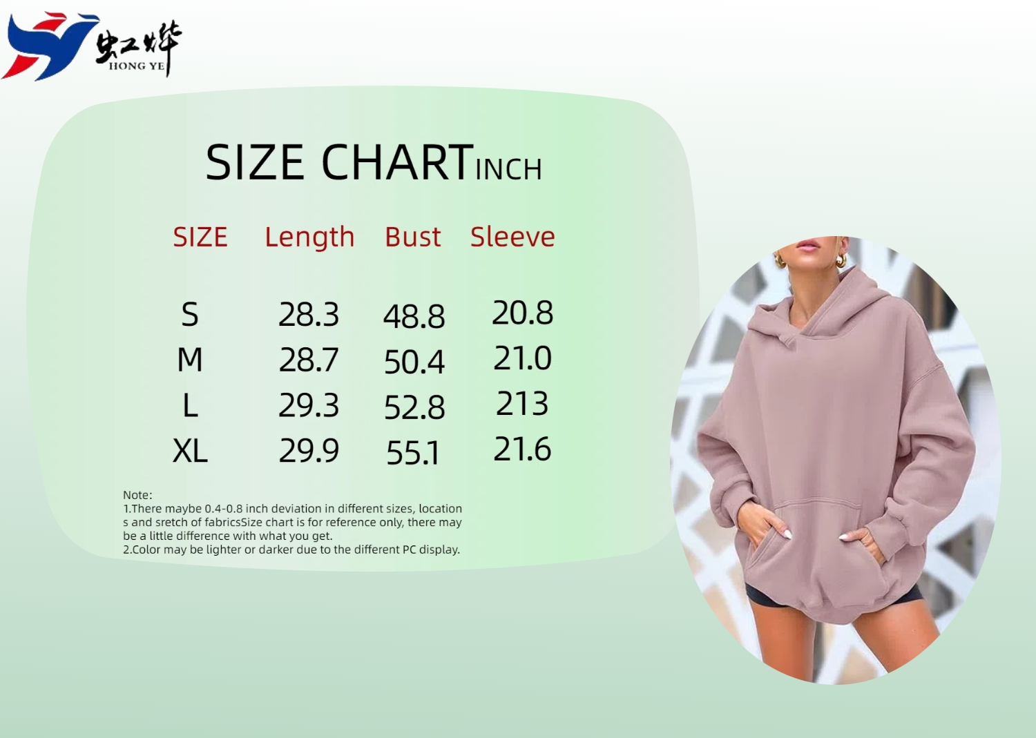 size chart long sleeved pullover with pocket