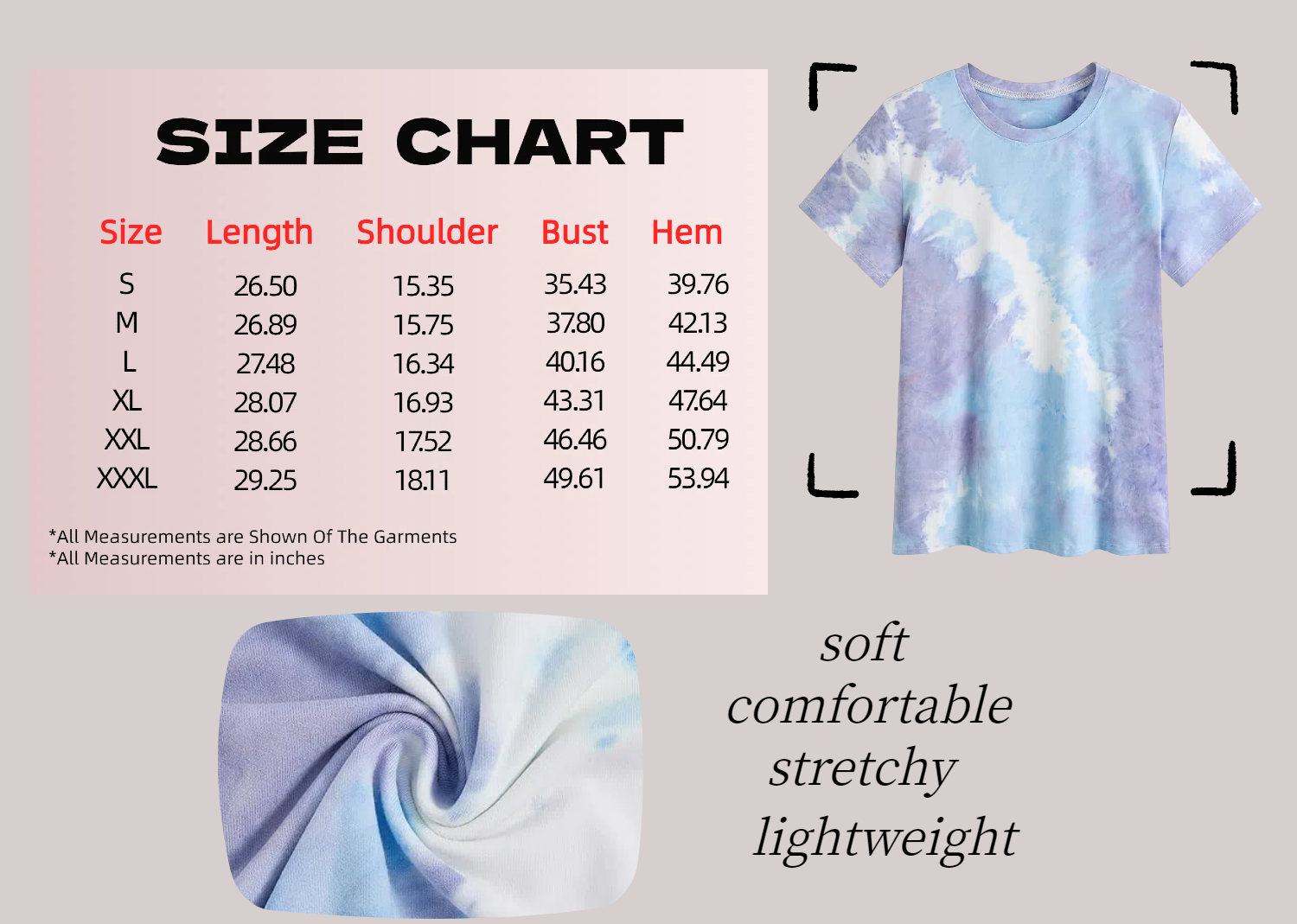 size chart of Tie dyed T-shirt